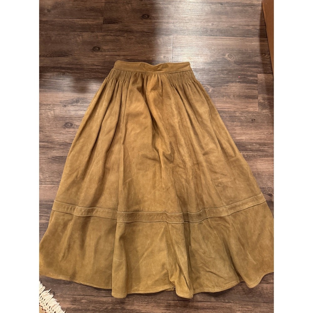 Vintage Tan Genuine Suede Leather Full Midi Skirt Smocked High Waist Brown 36